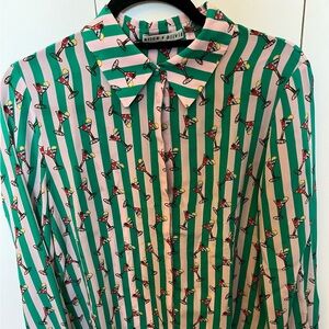 Alice & Olivia Willa Silk Shirt Martini Print Pale Pink & Green Stripe - Medium